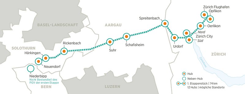 Das erste Etappenstück misst 74 Kilometer, liegt zwischen Neuendorf und Zürich-Flughafen und verbindet 12 Standorte. (Bild: Cargo Sous Terrain)